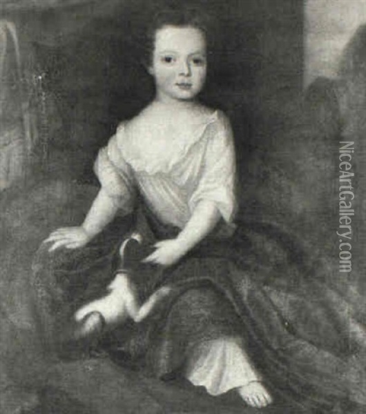 Portrait Of A Child Seated, Full Length, Wearing A White    Dress And Green Cloak, With A Dog On A Red Cushion... Oil Painting - Bartholomew Dandridge