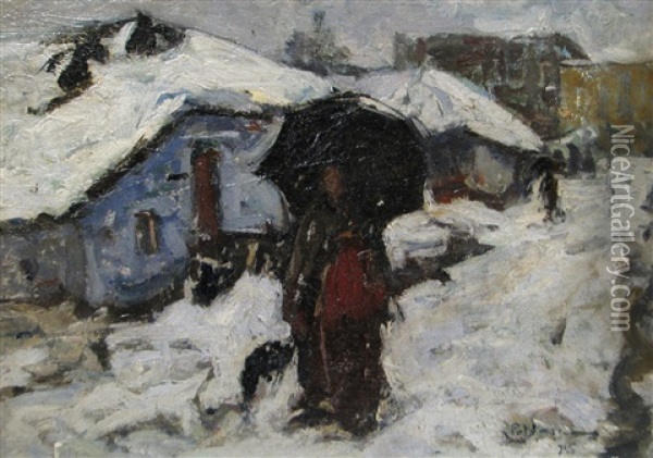Lucretia On The Snowy Road Oil Painting - Gheorghe Petrascu