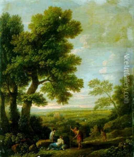 A Wooded Landscape With Peasants Resting On The Crest Of A Hill Oil Painting - Jan Frans van Bloemen