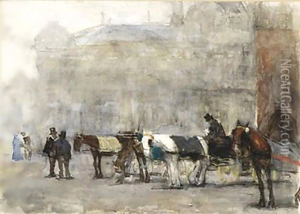 Carriages At De Plaats, The Hague, With The Societeit Place Royale In The Background Oil Painting - Floris Arntzenius