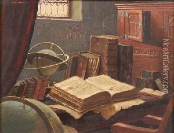 Still Life With Books And Globe Oil Painting - Ludwig Valenta