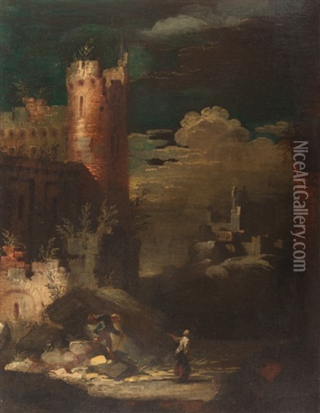 Architectural Capriccio With A Tower And Figures Oil Painting - Leonardo Coccorante