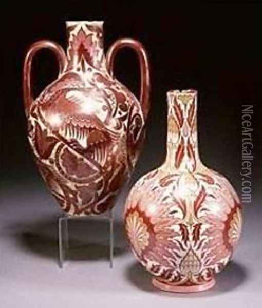 A Pink, Ruby and Gold Lustre Vase and a Ruby Lustre Vase with Ferocious Reptiles Oil Painting - William Frend De Morgan