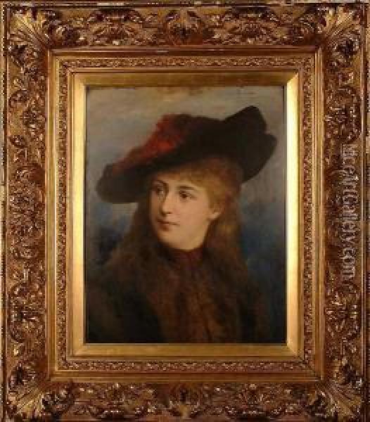 Portrait Of A Young Woman, Bust Length, Wearing A Hat With A Red Feather. Oil Painting - Joseph Morgan