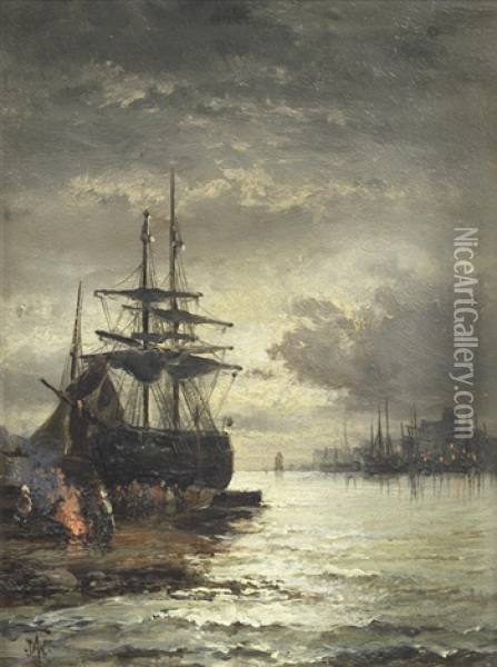 Moonlight Over The Thames; Paddlesteamer On The Thames, A Pair (2) Oil Painting - Georges William Thornley