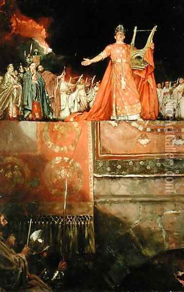 Nero AD 37-68 holding a golden lute with Rome in flames, from Quo Vadis by Henryk Sienkiewicz, published 1897 Oil Painting - Howard Pyle