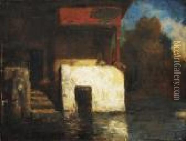 Pavillon Au Bord De L'eau Oil Painting - Alexandre Gabriel Decamps
