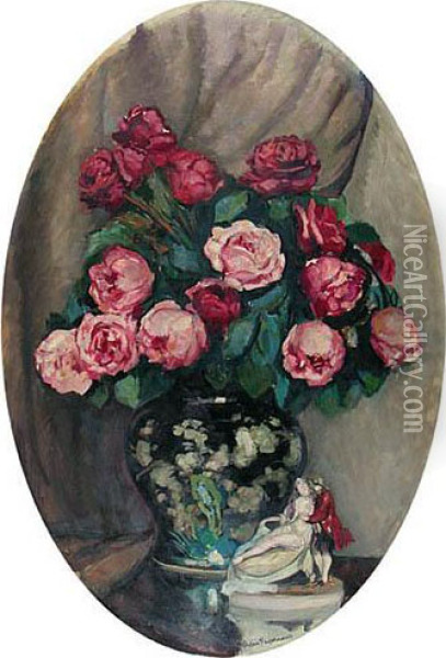 Martwa Natura Z Rozami I Porcelanowa Figurka 1923/24 R. Oil Painting - Stefan Filipkiewicz