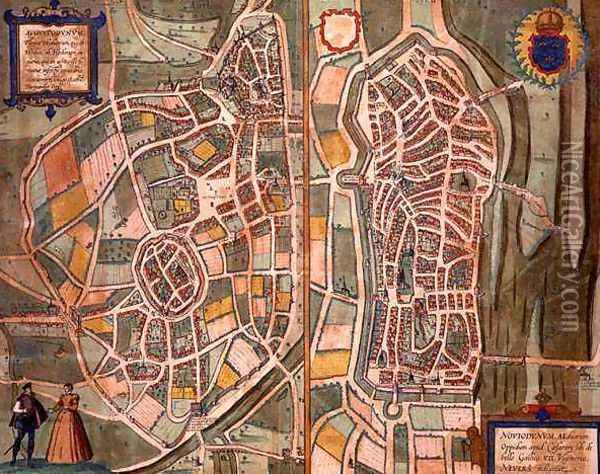 Maps of Autun and Nevers from Civitates Orbis Terrarum Oil Painting - Joris Hoefnagel