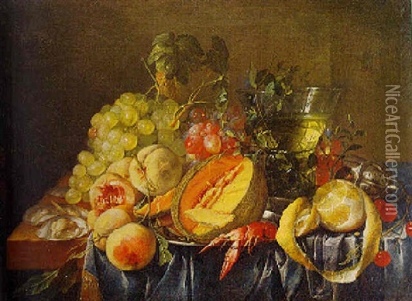Still Life With Grapes, A Cut Melon, Peaches, A Lemon, Oysters, A Crayfish, And A Conical Roemer Oil Painting - Cornelis De Heem