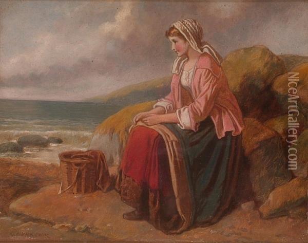 A Young Girl Seated On A Coastal Hillside Oil Painting - George Augustus Freezor