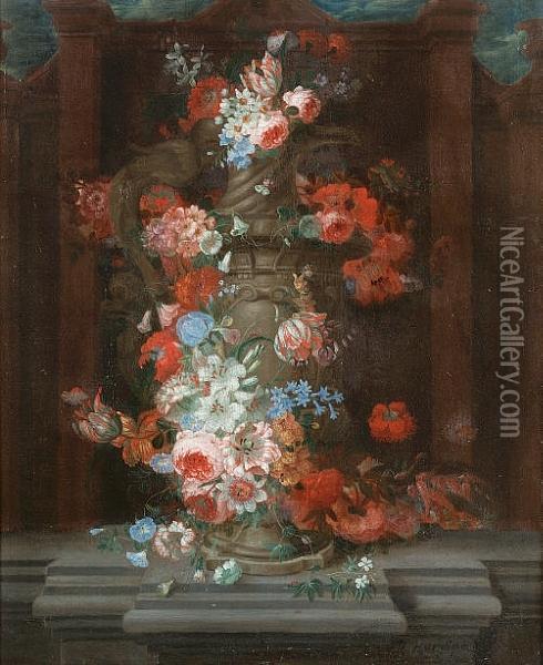 Roses, Chrysanthemums, Poppies, Morning Glory, Tulips And Other Flowers In A Stone Vase In An Architectural Niche Oil Painting - H. Berk