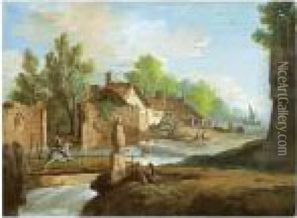 A River With Small Waterfalls Winding Through A Village Past A Ruined Wall Oil Painting - Giuseppe Bernardino Bison