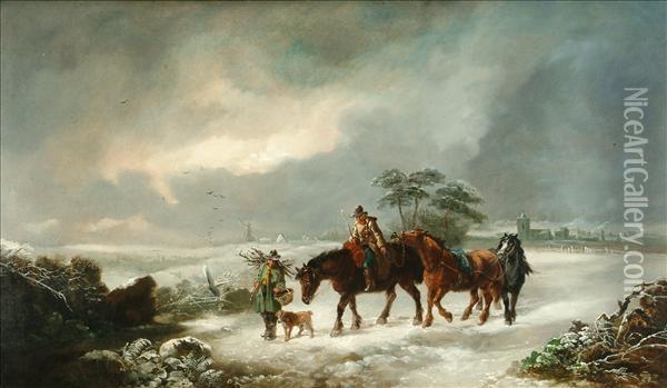 Horses Andfigures In A Winter Landscape Oil Painting - Thomas Barker of Bath
