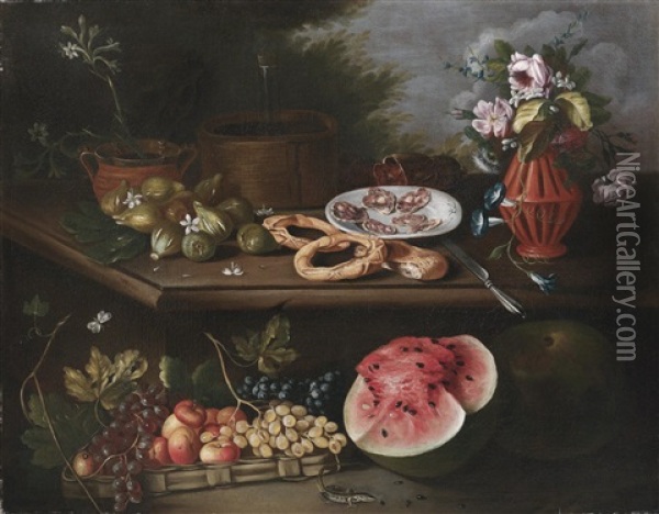 Stillleben Mit Blumen, Fruchten, Brot, Einem Teller Mit Salami Und Einer Smaragdeidechse Oil Painting - Tommaso Realfonso