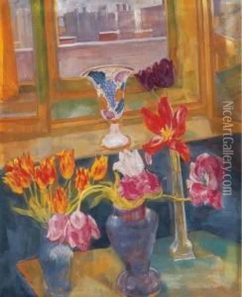 Still Life Of Flowers In Front Of The Window Oil Painting - Jeno Paizs Goebel