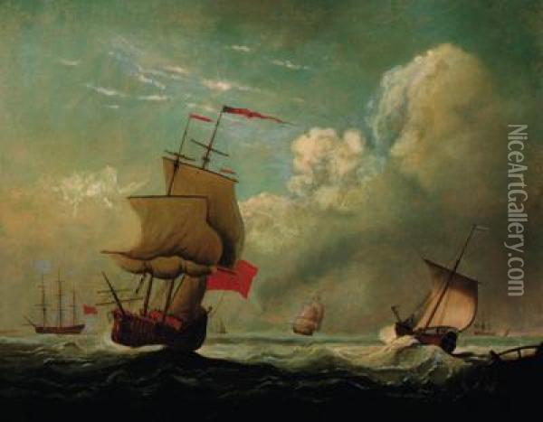 A Ship Of The Red Squadron Running Into It's Anchorage Oil Painting - Francis Swaine