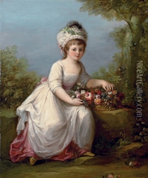 Portrait Of A Young Girl Seated In A White Dress With A Basket Of Flowers, In A Landscape Oil Painting - Angelika Kauffmann