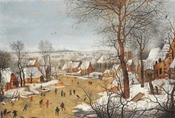 A Winter Townscene With Skaters On A Frozen River By A Bird Trap, A View Of Antwerp Beyond Oil Painting - Pieter Brueghel the Younger