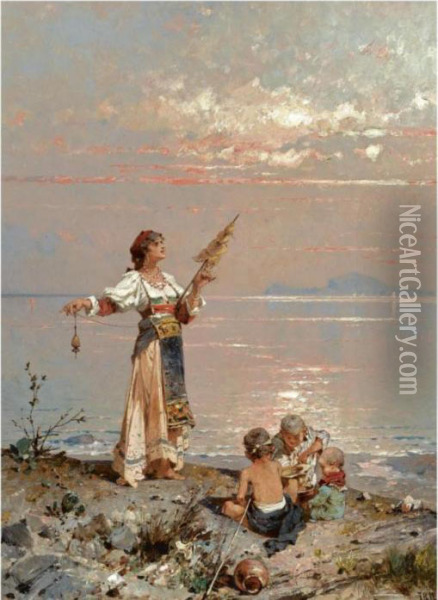 Figures On The Shore In The Bay Of Naples Oil Painting - Franz Richard Unterberger