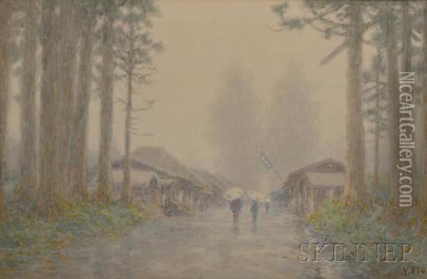 Figures Holding Umbrellas While Walking In The Woods Oil Painting - Yasuhiko Ito