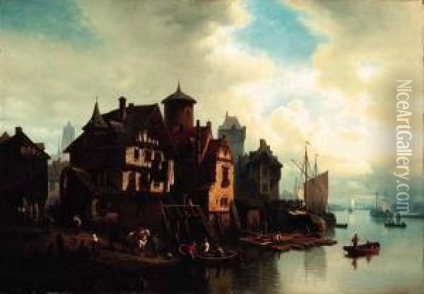A Harbor Village Oil Painting - Hermann Meyerheim