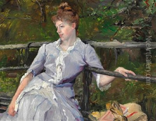 Young Woman In A Lilac Dress Sitting On A Bench In The Garden Oil Painting - Leis (Georgia Elise) Schjelderup