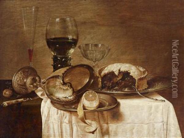 A Still Life With An Overthrown Nautilus Cup Oil Painting - Pieter Claesz.
