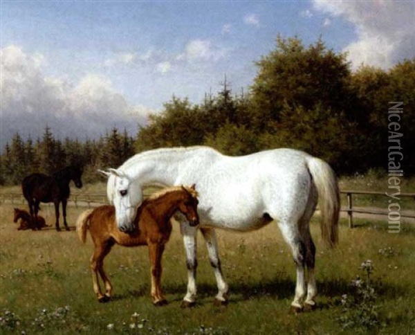 Heste Og Fol Pa Marken Oil Painting - Carl Henrik Bogh