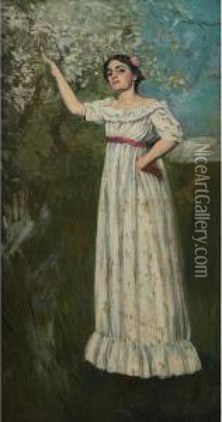 Woman In A Spring Landscape Oil Painting - Francis Humphry Woolrych