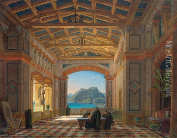 Italienische Klosterhalle Mit Benediktinermonchen Und Ausblick Auf Capri Oil Painting - Leo Von Klenze