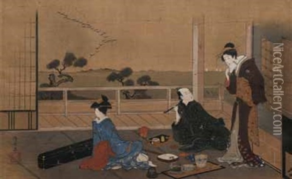 Zwei Damen Und Ein Herr Auf Einer Veranda Mit Blick Auf Einen See Und Kiefern Oil Painting - Torii Kiyonaga