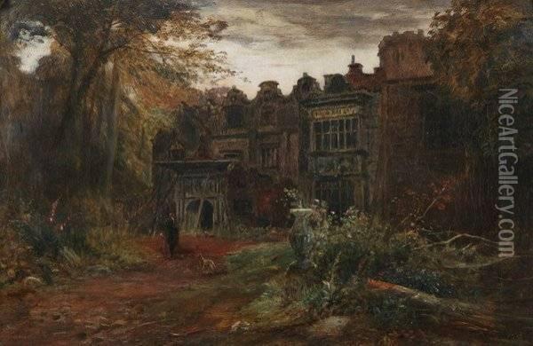 Gentleman And Hound In Front Of Old Manor House Oil Painting - John MacWhirter