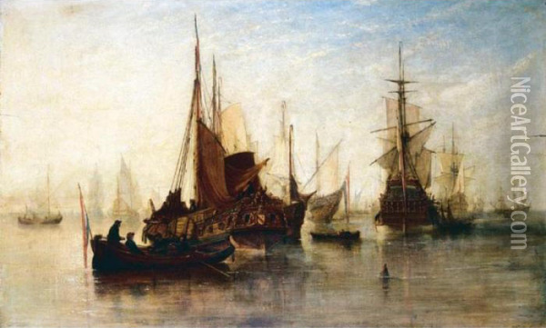The Dutch Fleet At Anchor On The River Thames Oil Painting - William Adolphu Knell