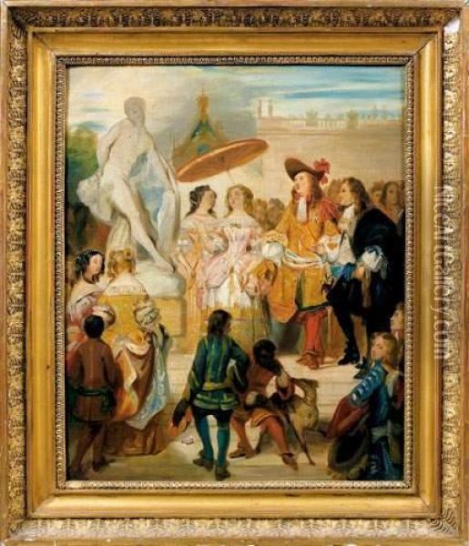 Pujet Presentant Sa Statue De Milon De Crotone Dans Les Jardins De Versailles Oil Painting - Eugene Deveria