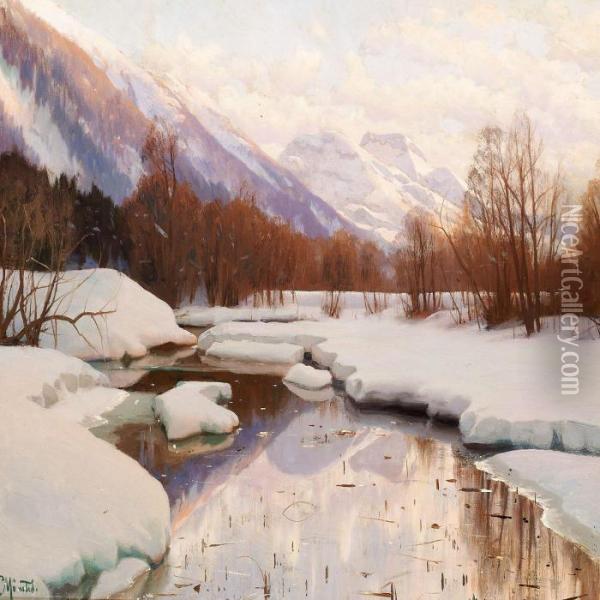 Winter Evening In Engadin Oil Painting - Peder Mork Monsted