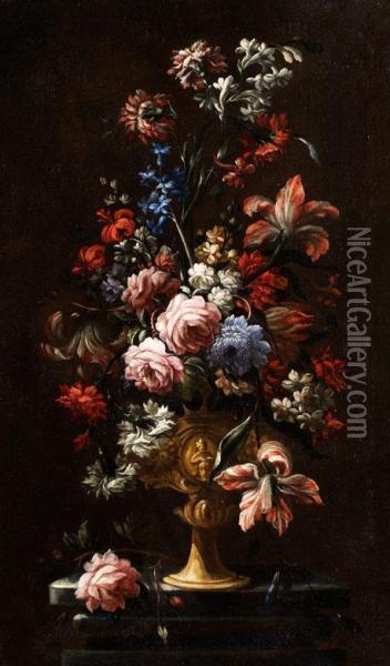 Stilleben Mit Reliefierter Prunkvase Und Grossem Blumenbukett Oil Painting - Nicola Giuli