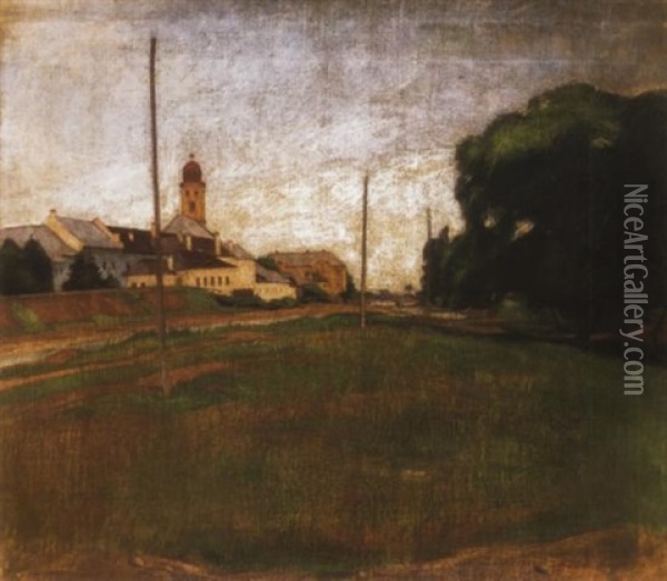 A Zazar-part Nagybanyan, Hatterben A Reformatus Templommal (the Banks Of The Zazar In Nagybanya, With The Reformed Church In The Background) Oil Painting - Janos Krizsan