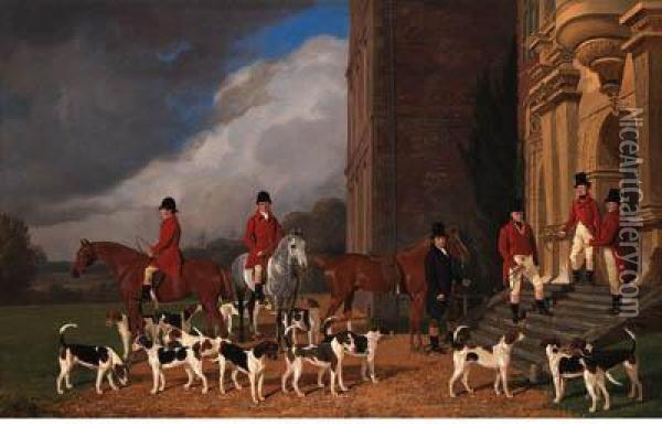 Sir John Cope With His Hounds On The Steps Of Bramshill House Oil Painting - Edmund Havell Jnr.