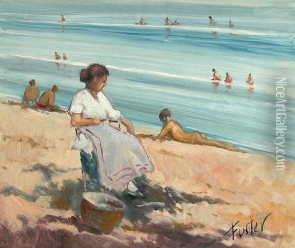 Pescadora En La Playa Nudista Oil Painting - Joan Fuster Bonnin