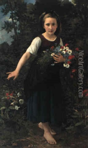Petit Fille Au Bord Ruisseau Tenant Une Gerbe De Fleurs Oil Painting - William-Adolphe Bouguereau