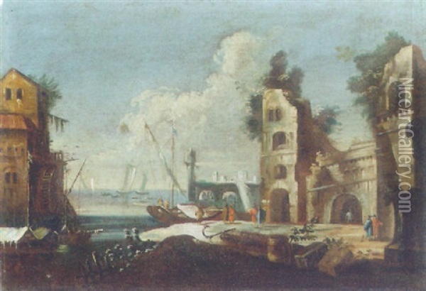 Figures By Ruins In The Venetian Lagoon Oil Painting - Giovanni Battista Cimaroli
