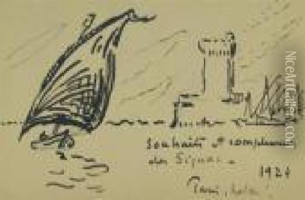 Sketch Of A Sailboat And Castle Oil Painting - Paul Signac