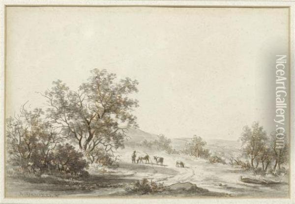 Landscape With Shepherd And Cow Herd Oil Painting - Andreas Danekes