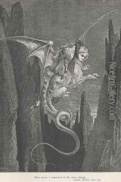 New terror I conceived at the steep plunge. (Canto XVII., line 117) Oil Painting - Gustave Dore