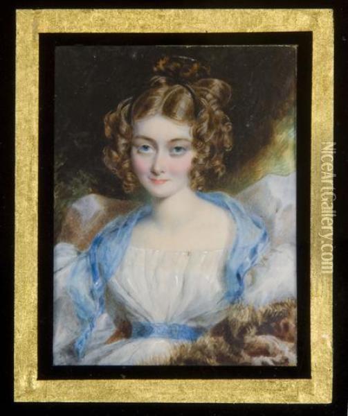A Miniature Portrait Of A Young Lady, Ann Savage Oil Painting - Simon Jacques Rochard De Nantes