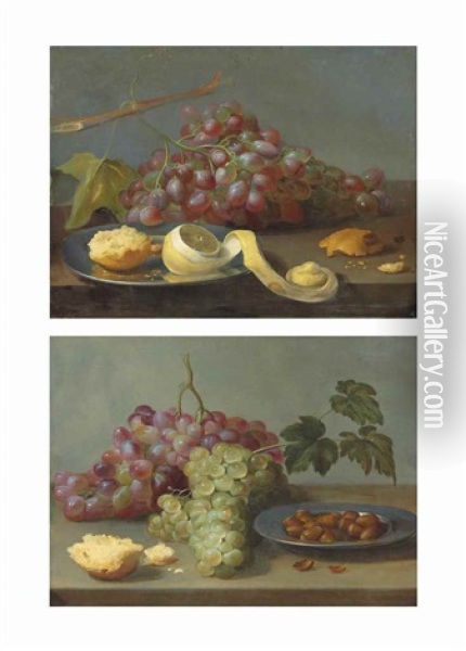 Grapes With A Peeled Lemon And Bread On A Pewter Plate, On A Ledge; And Grapes With Bread And Hazelnuts On A Pewter Plate, Both On A Ledge Oil Painting - Jacob Fopsen van Es