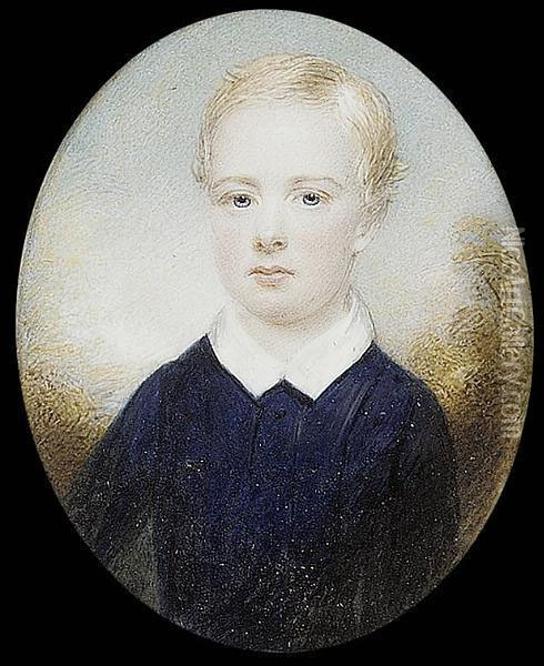 A Young Boy, Wearing Dark Blue Suit With White Collar, Landscape Background Oil Painting - George Hargreaves