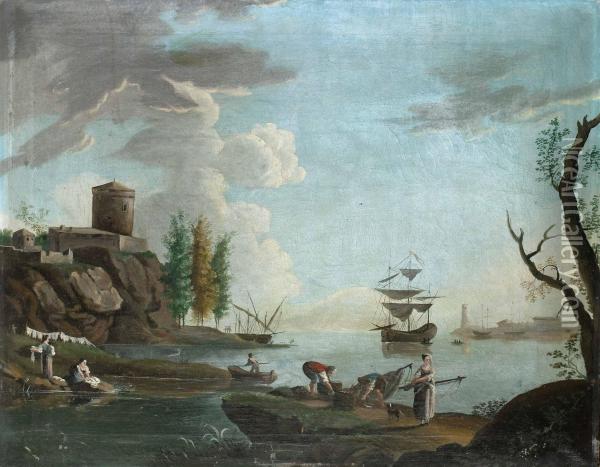 Hamnbild Med Batar Och Figurer Oil Painting - Johan N. Asplind