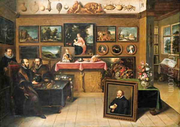 A collector's cabinet with Abraham Ortelius and Justus Lipsius Oil Painting - Frans II Francken